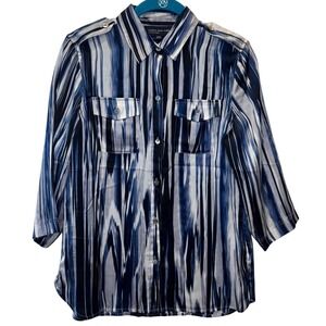 Jones New York Signature‎ Women's Blue Abstract Stripe Button Front Shirt Size S